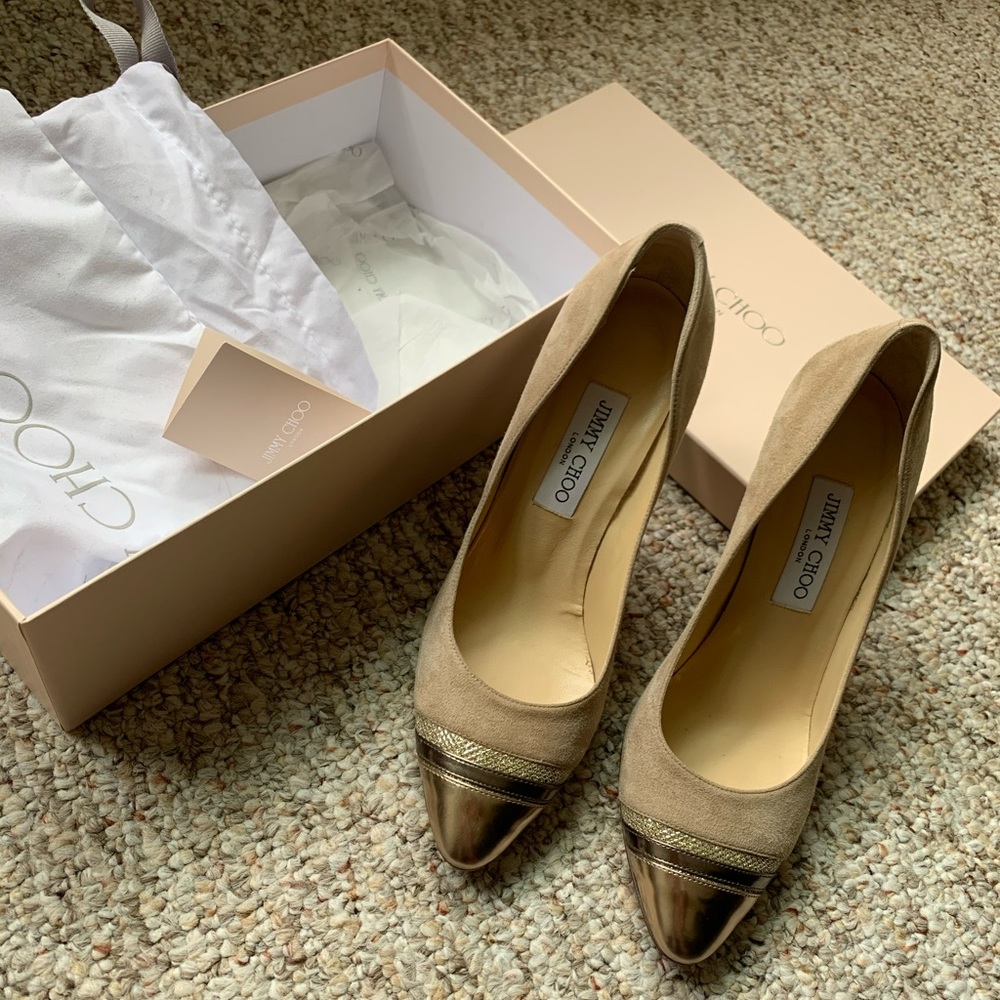 Jimmy Choo Suede and Leather Tan Heels